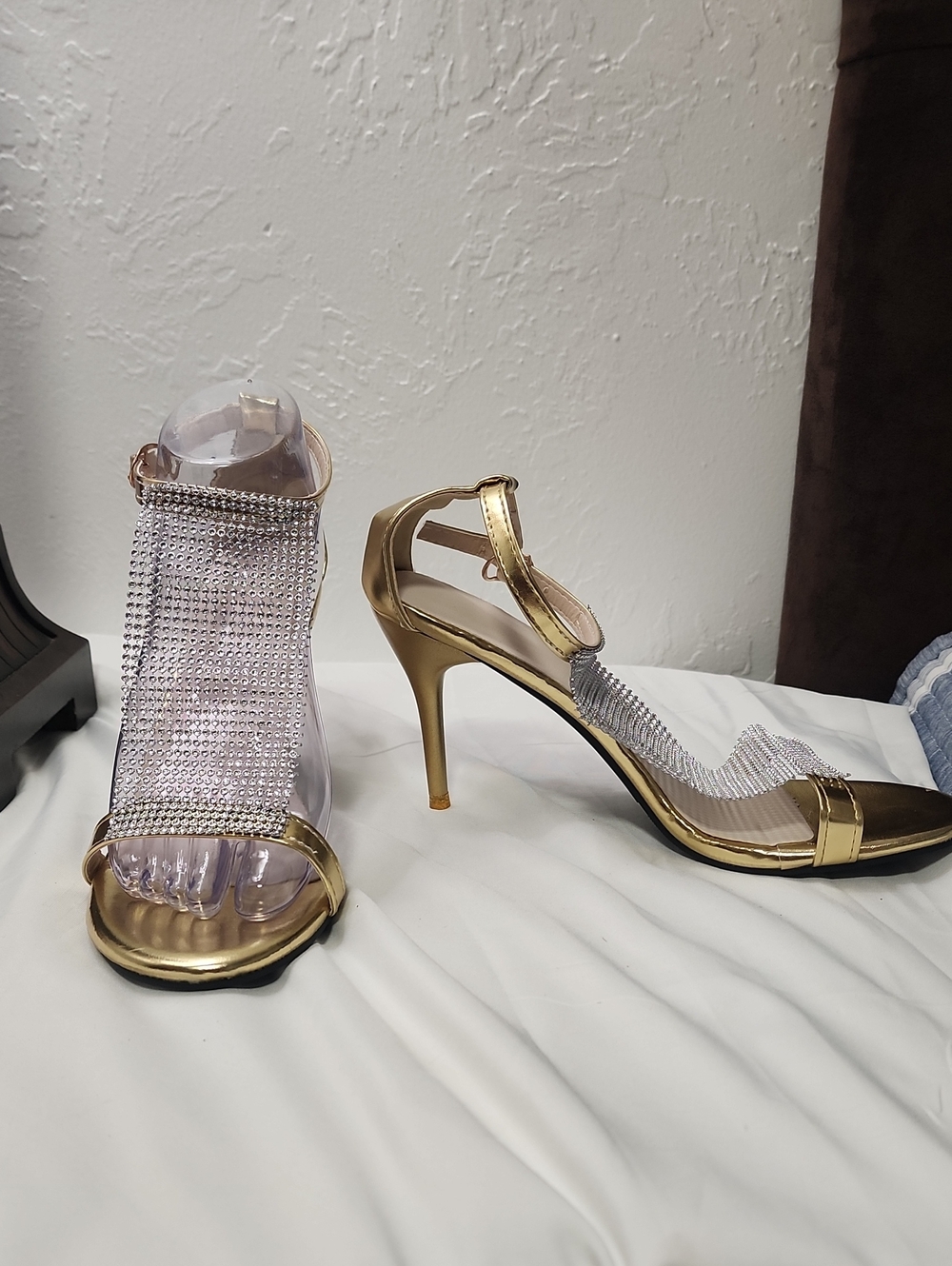 Gold Rhinestone Mesh Stiletto Sandals for Women